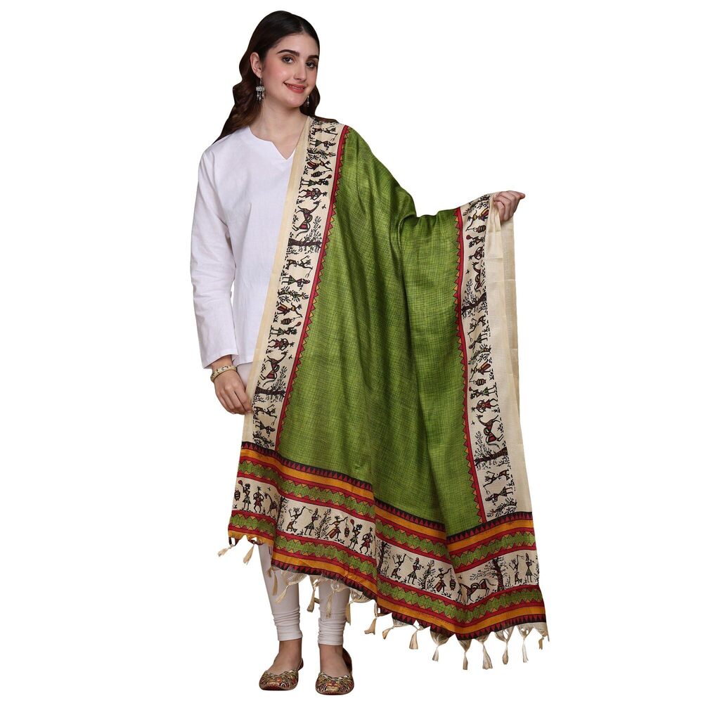 4325 Women's Art Silk Dupatta With Warli Print Border | Ethnic